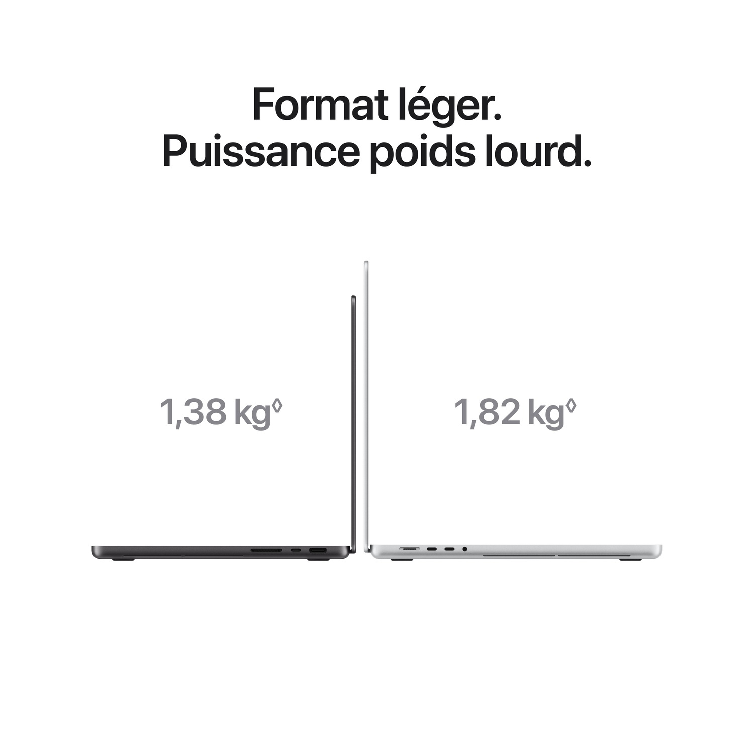 Deux ordinateurs portables côte à côte, comparant des poids de 1,38 kg et 1,82 kg.