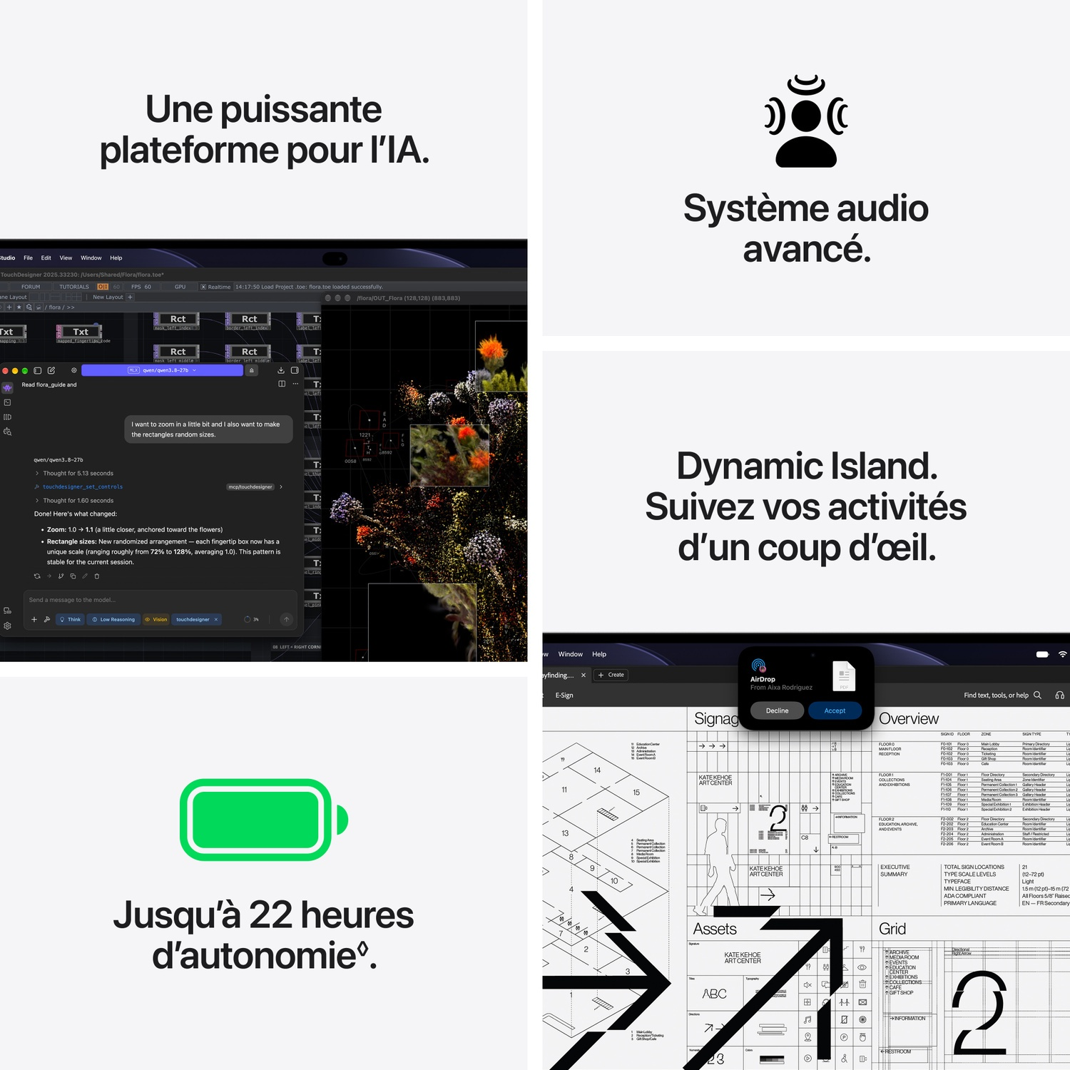 Présentation montrant des interfaces logicielles, un système audio, une île dynamique, une batterie et des plans.