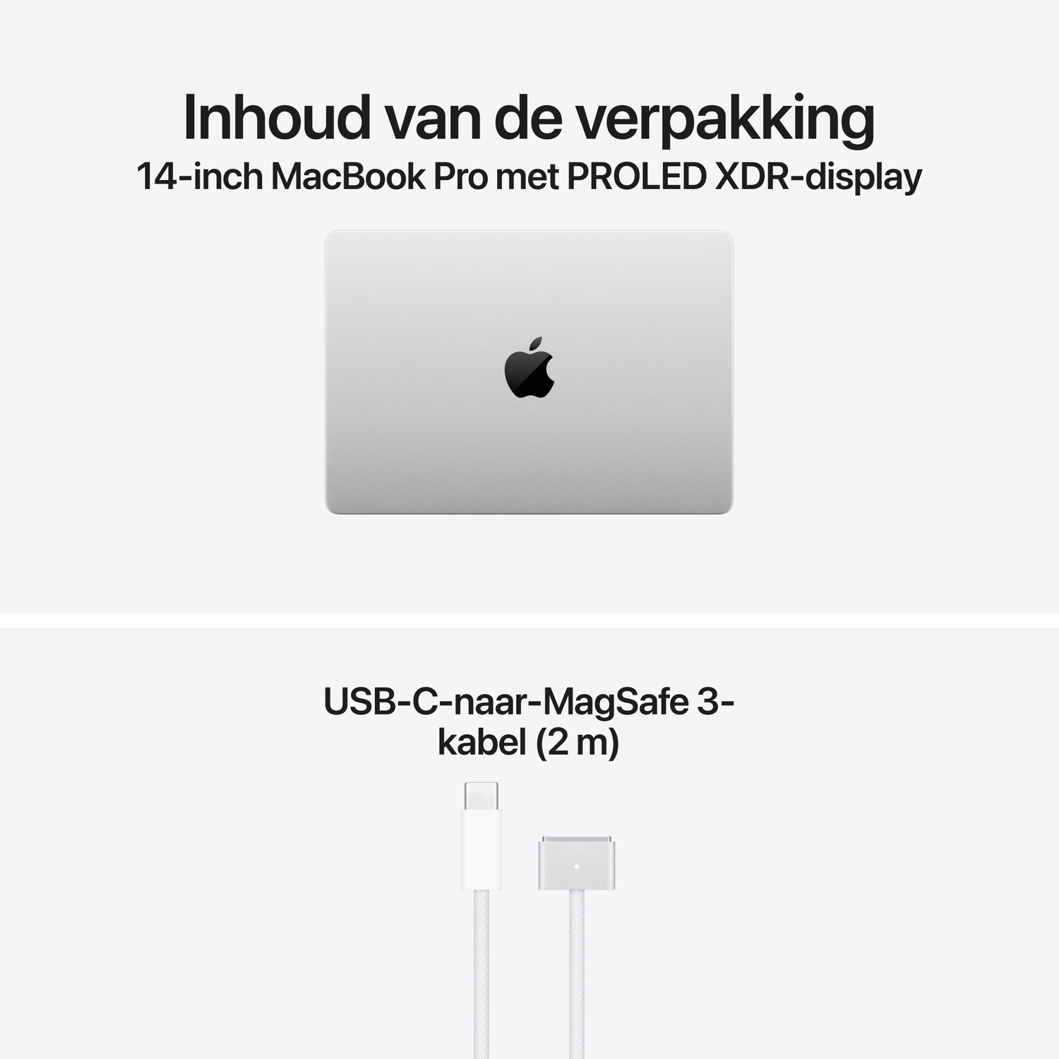 Inhoud van de verpakking: 14-inch MacBook Pro en een USB-C-naar-MagSafe 3-kabel (2 m).