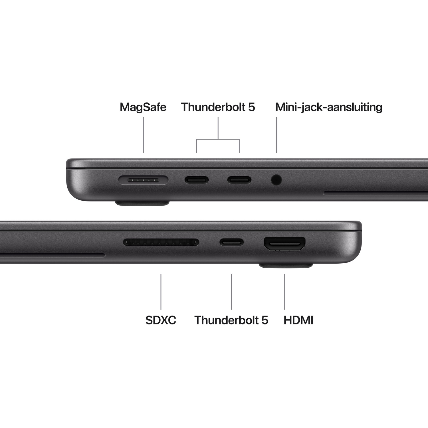 Zijaanzicht van een laptop met poorten zoals MagSafe, Thunderbolt 5, koptelefoonaansluiting, SDXC en HDMI.