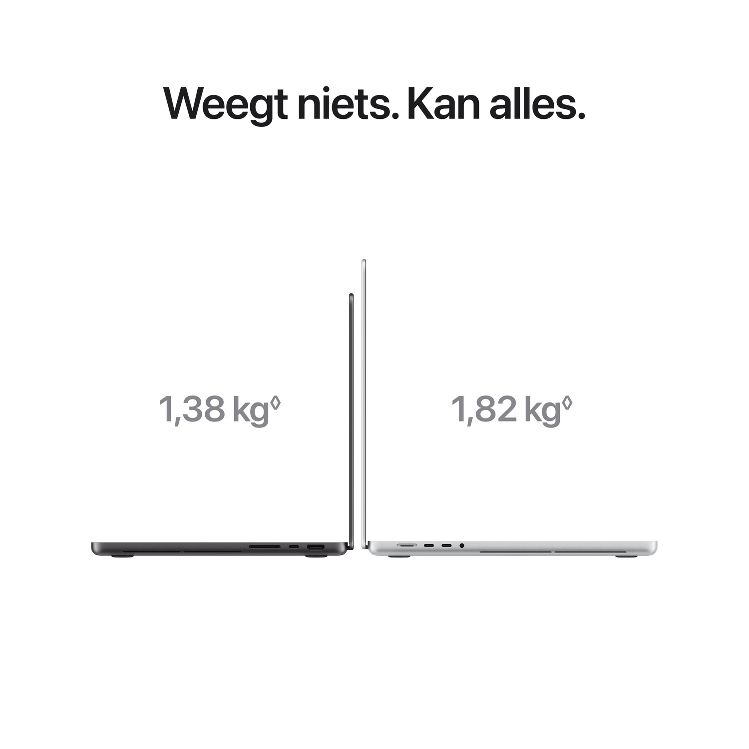 Twee gesloten MacBooks naast elkaar met gewichten van 1,38 kg en 1,82 kg.