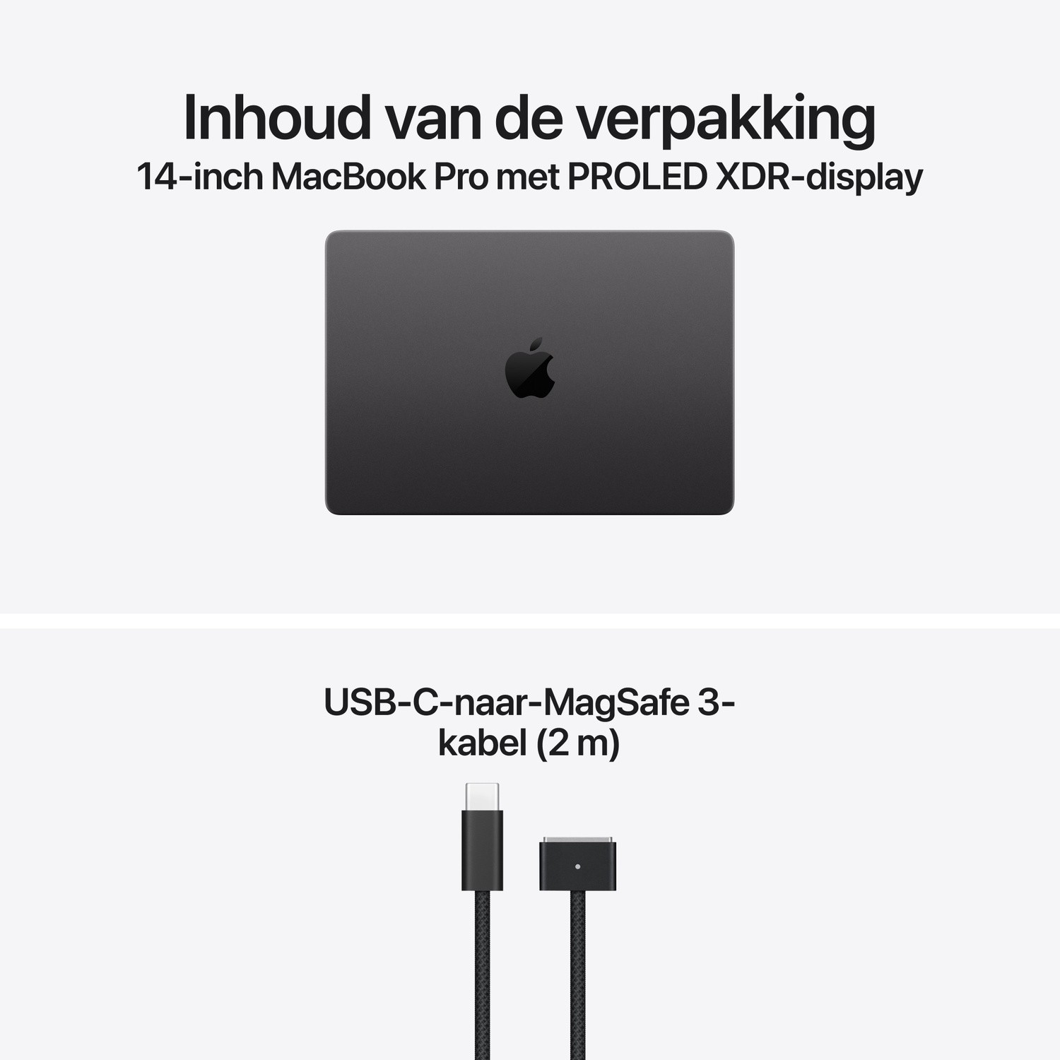 Inhoud van de verpakking: 14-inch MacBook Pro en USB-C-naar-MagSafe 3-kabel (2 m).