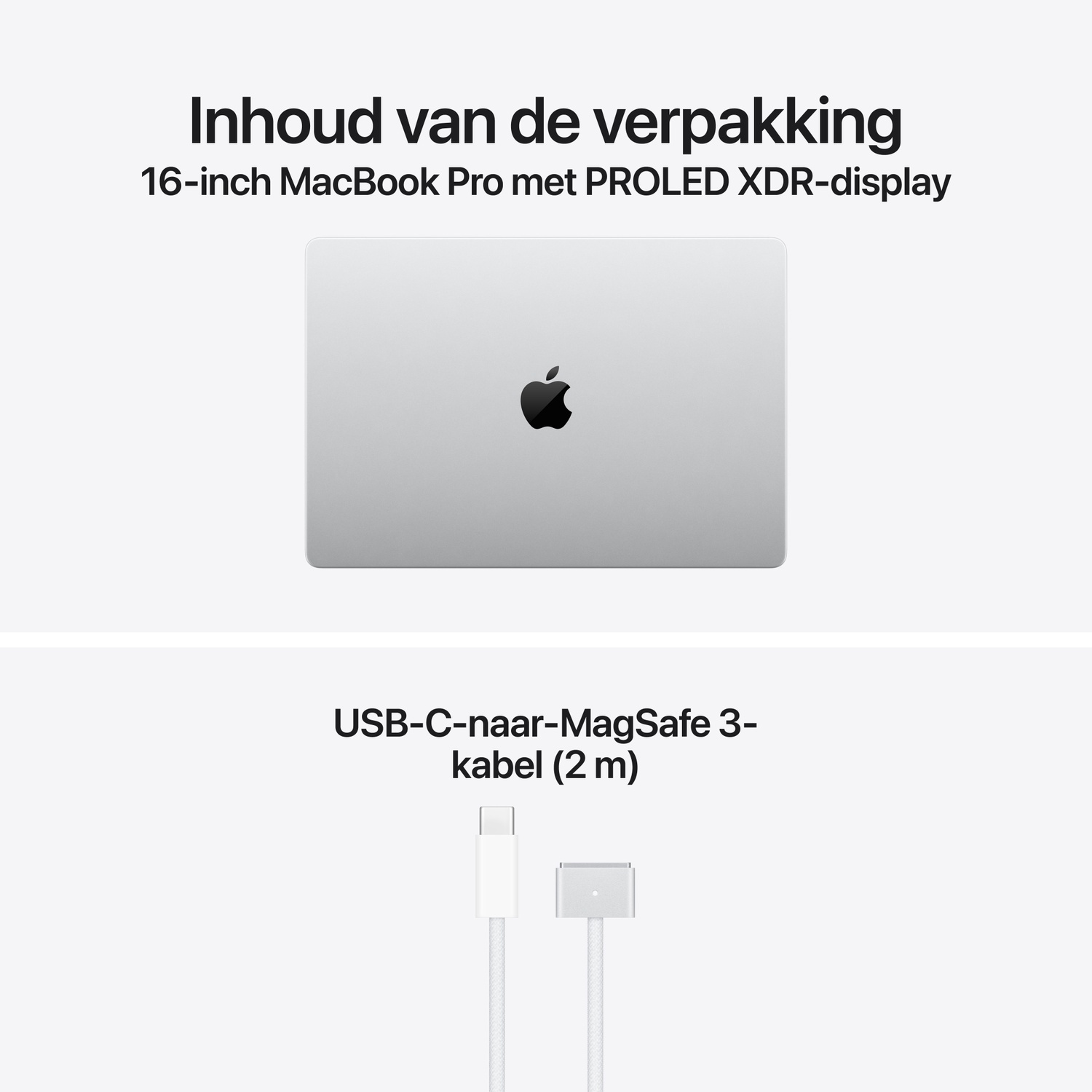 Inhoud van de verpakking: 16-inch MacBook Pro en USB-C-naar-MagSafe 3-kabel (2 m).