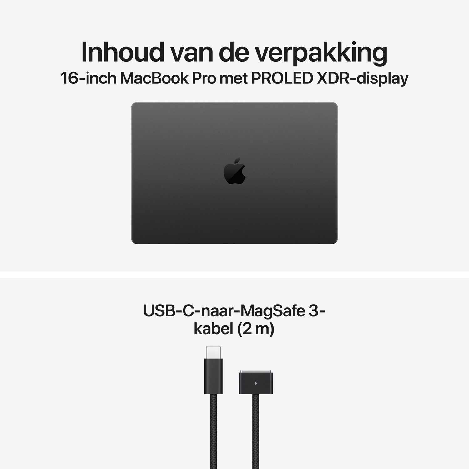 Inhoud van de verpakking: 16-inch MacBook Pro en een USB-C-naar-MagSafe 3-kabel (2 m).