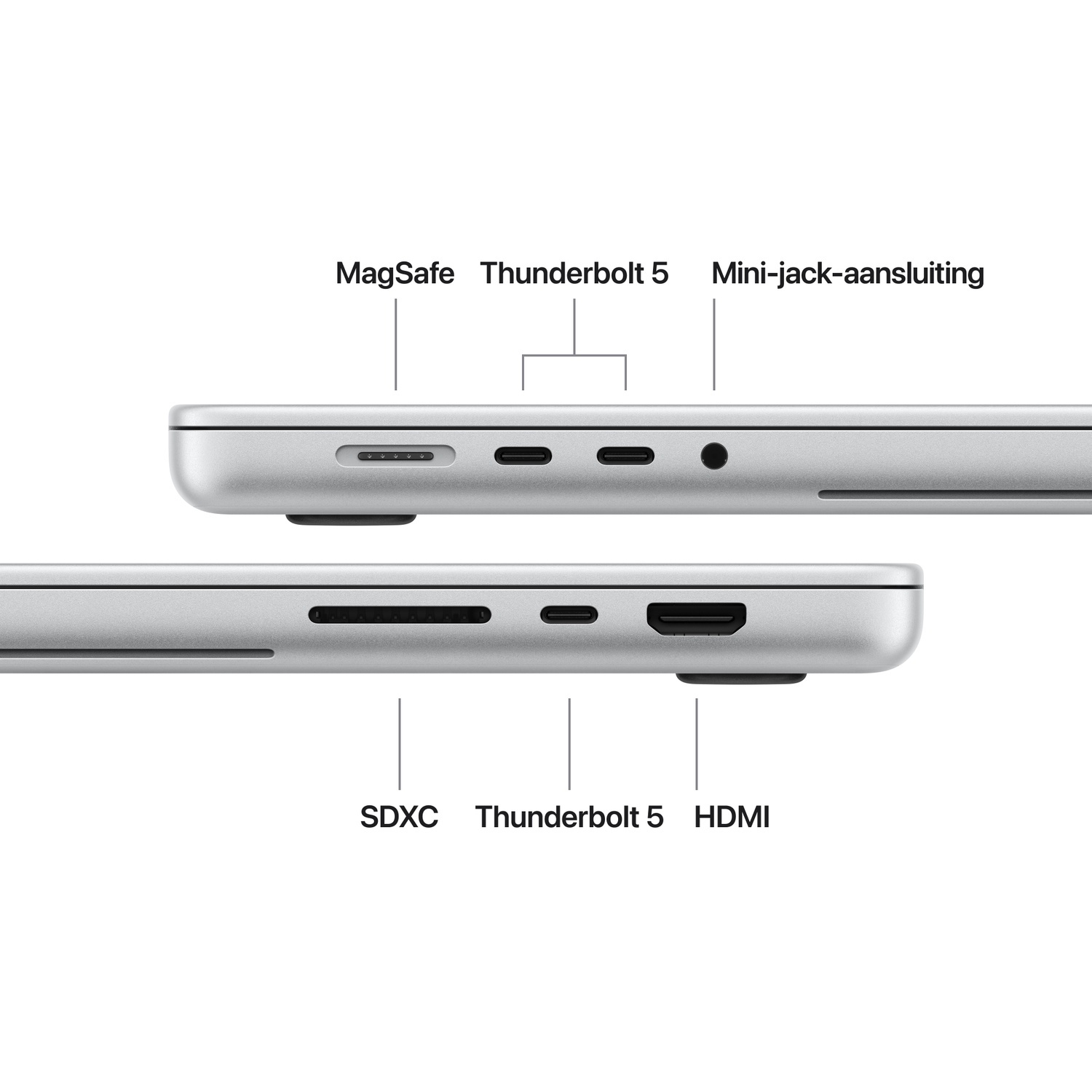 Zijaanzicht van een laptop met MagSafe, Thunderbolt 5, koptelefoonaansluiting, SDXC en HDMI-poorten.