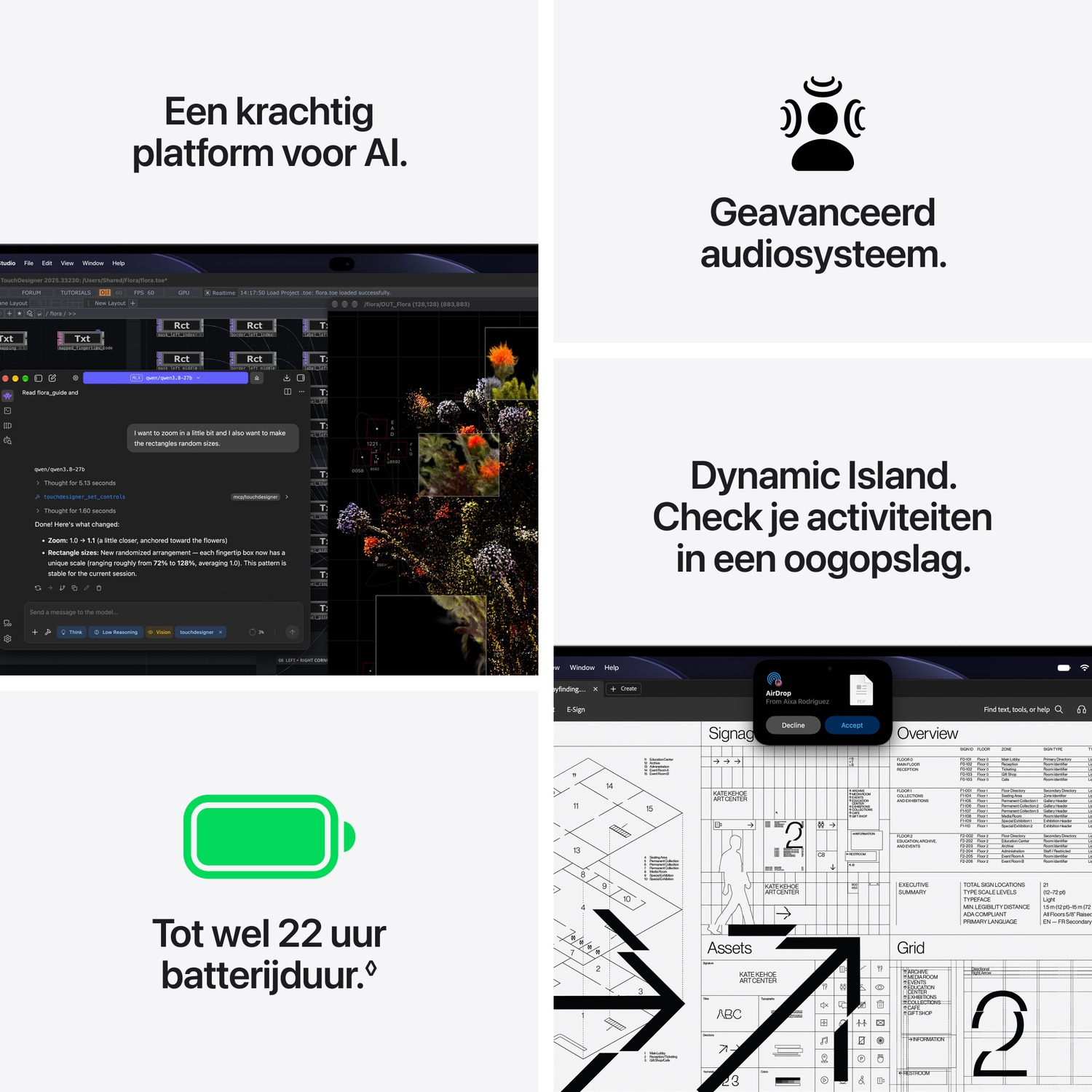 Collage van UI-schermen, code, bloemen en tekst over AI, audio, batterij en Dynamic Island.