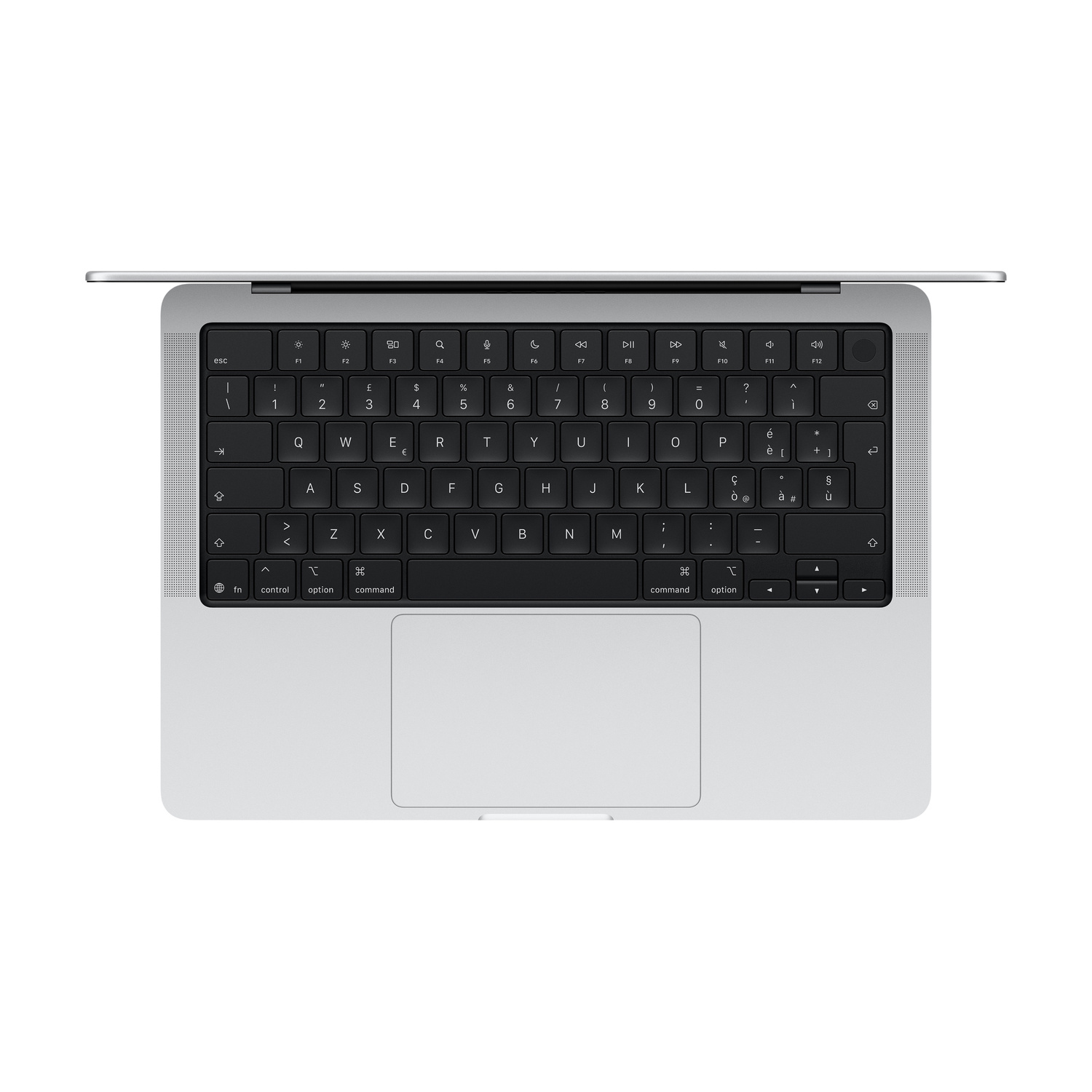 Vista dall'alto di una tastiera per laptop argento con tasti neri e trackpad integrato.