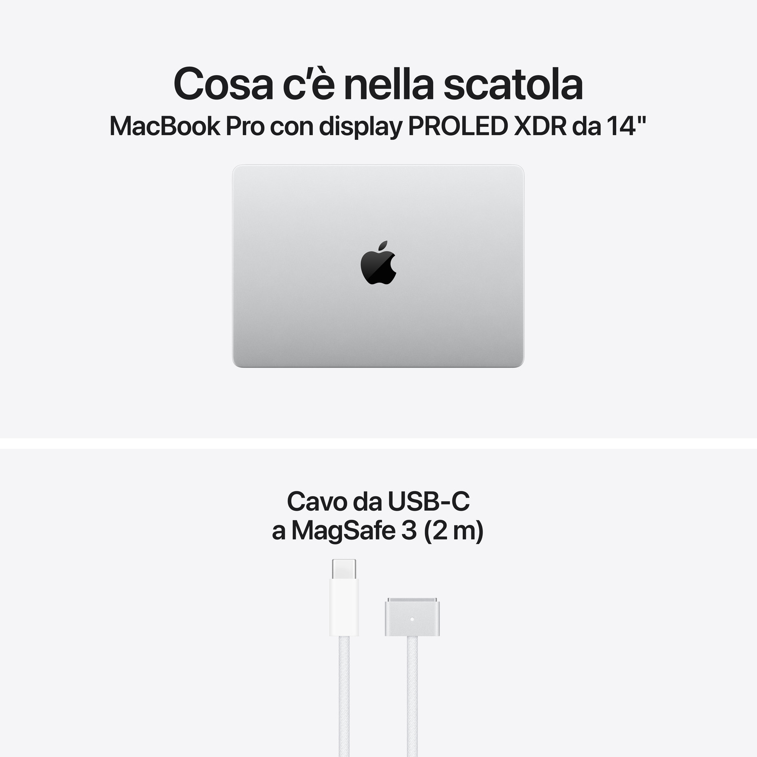 Un'immagine che mostra il contenuto della confezione: un MacBook Pro da 14 pollici e un cavo da USB-C a MagSafe 3.