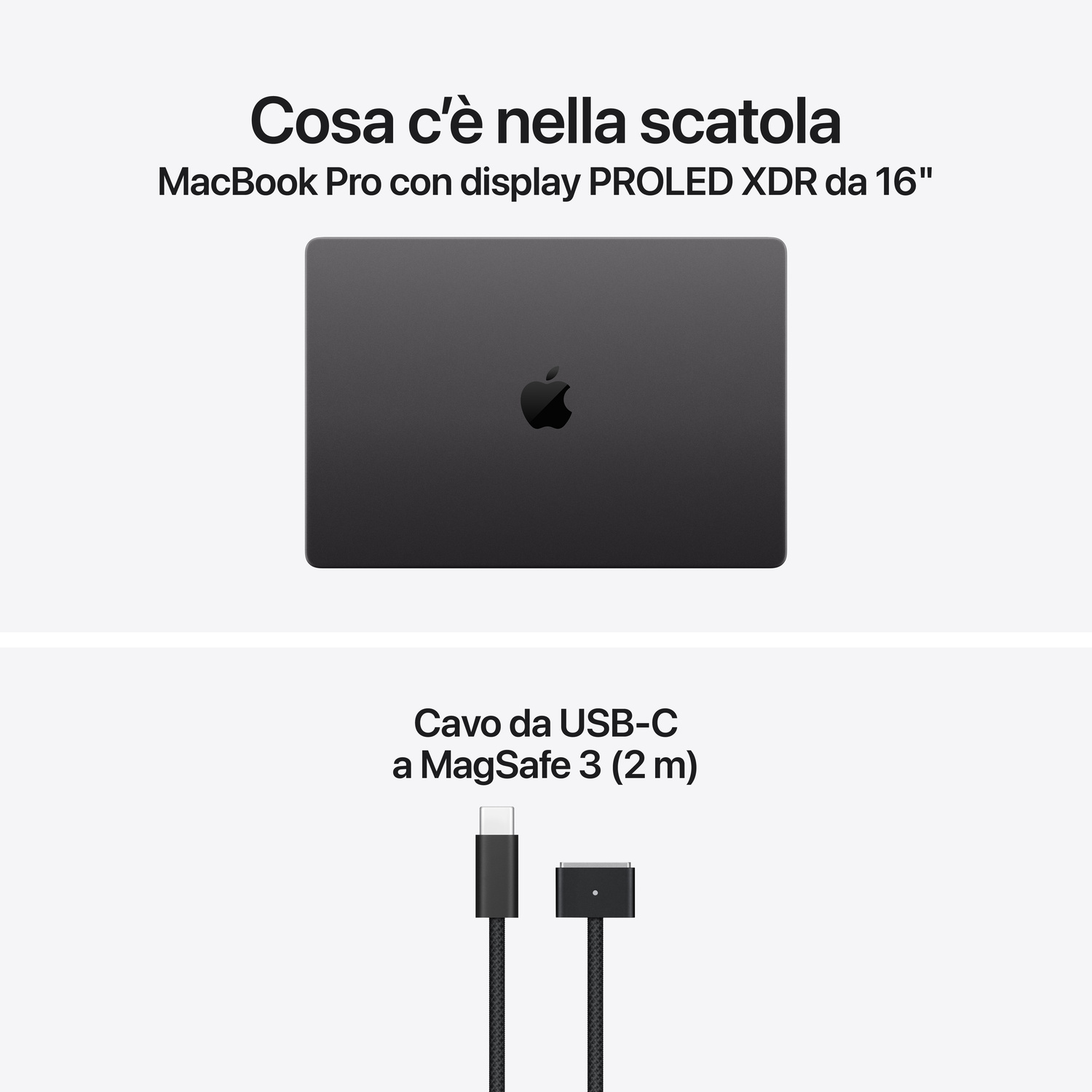 MacBook Pro e cavo da USB-C a MagSafe 3 nella confezione.