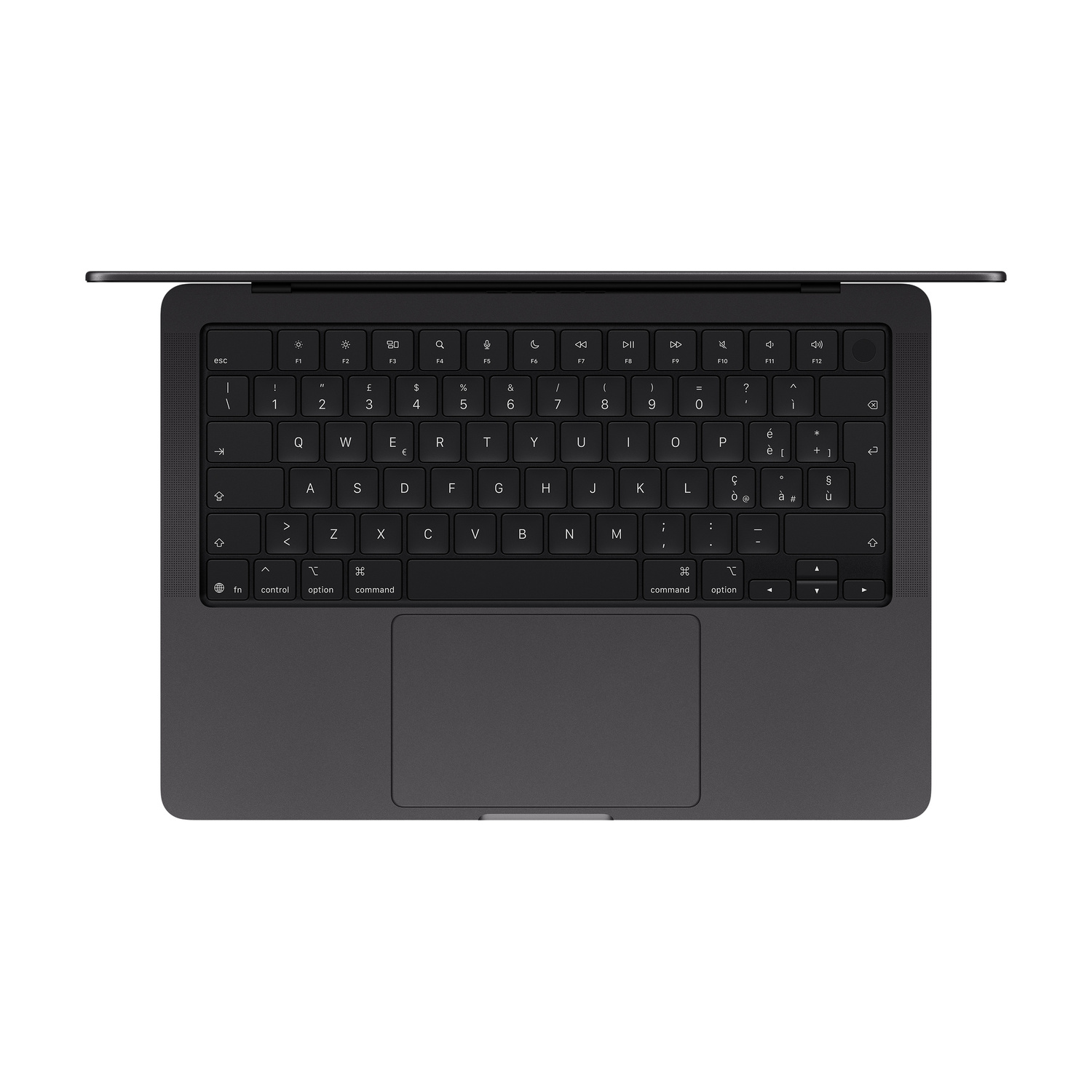 Vista dall'alto di una tastiera per laptop scura con trackpad integrato su una superficie liscia.