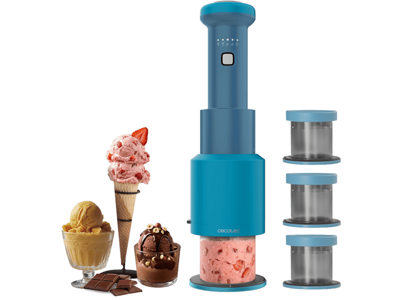 Heladera - Cecotec Gelatec EasyMove, 5 programas automáticos, Mezcla vertical, 3 tarrinas de 260 ml con tapa, Helados en 5, Azul