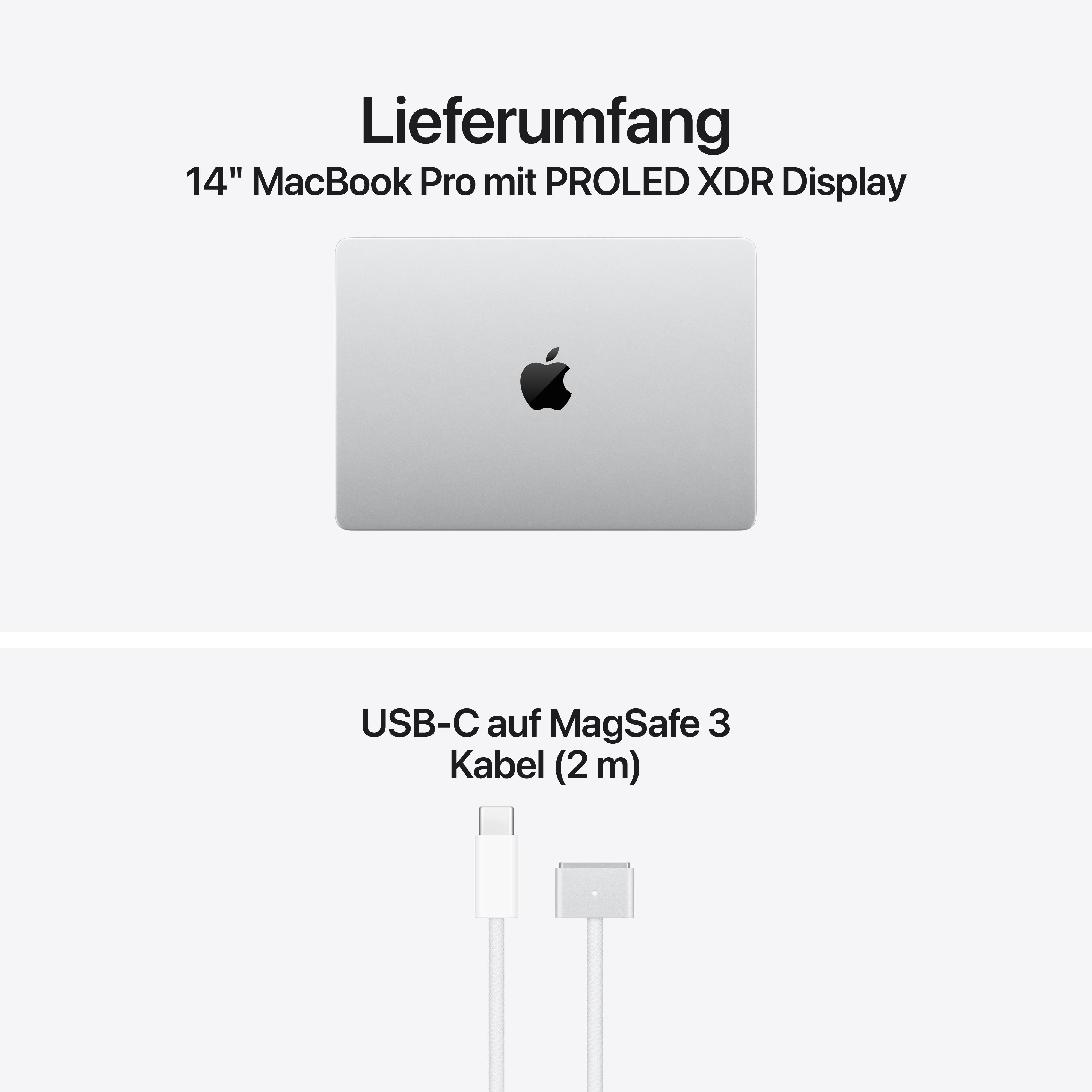 Lieferumfang des 14 Zoll MacBook Pro und ein USB-C auf MagSafe 3 Kabel.