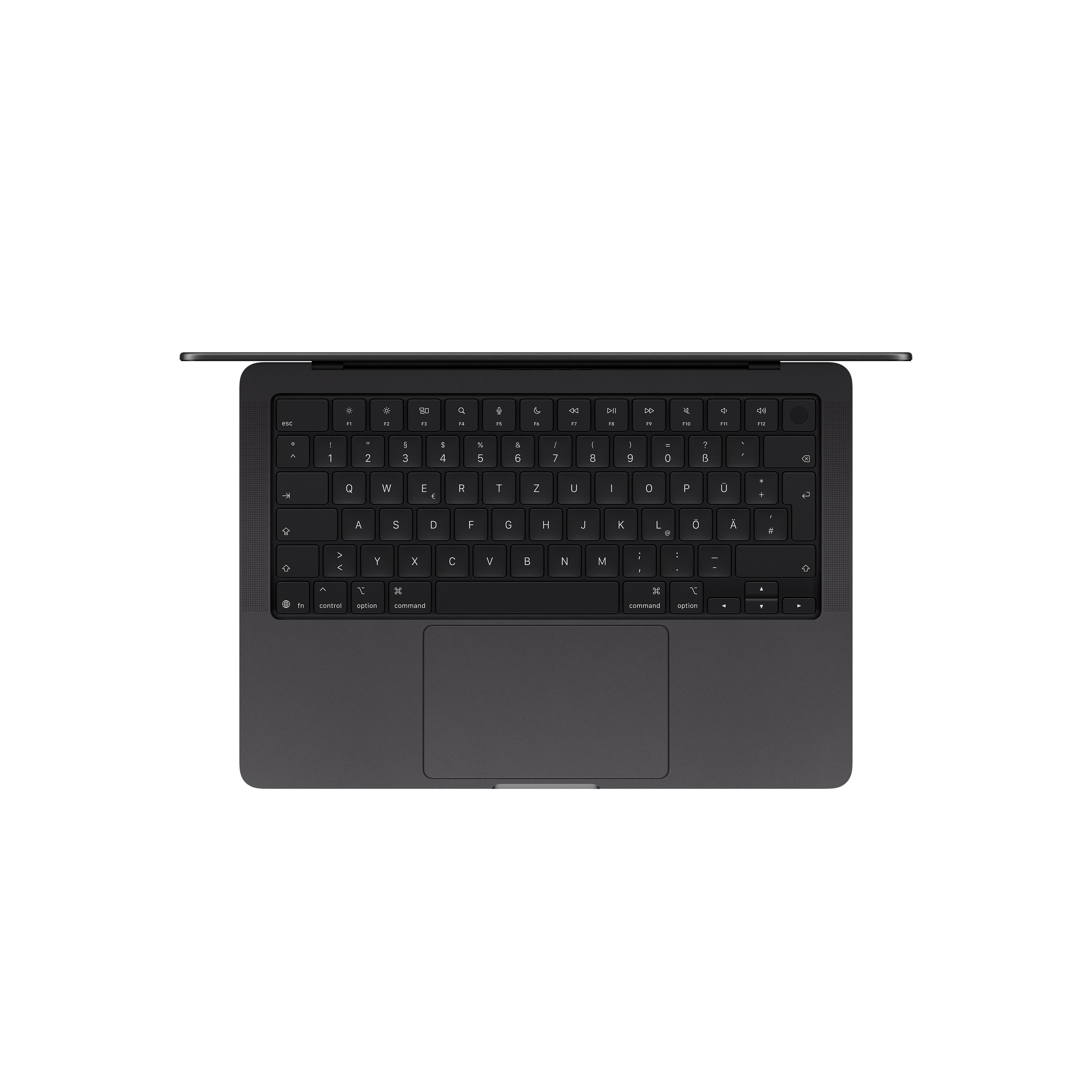 Draufsicht auf eine graue Laptoptastatur mit Trackpad auf weißem Hintergrund.