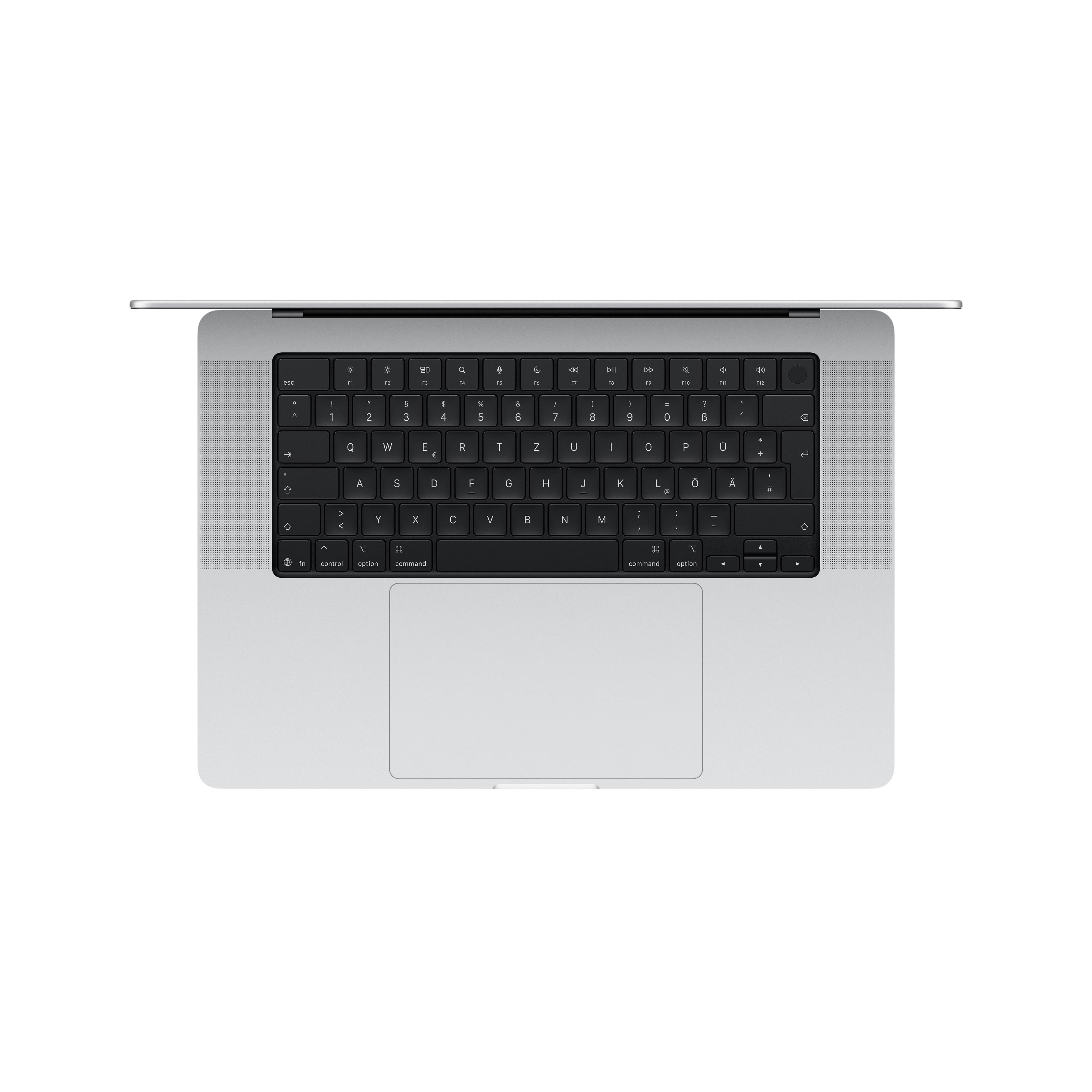 Ansicht von oben auf eine silberne Laptop-Tastatur und ein Trackpad auf weißem Hintergrund.