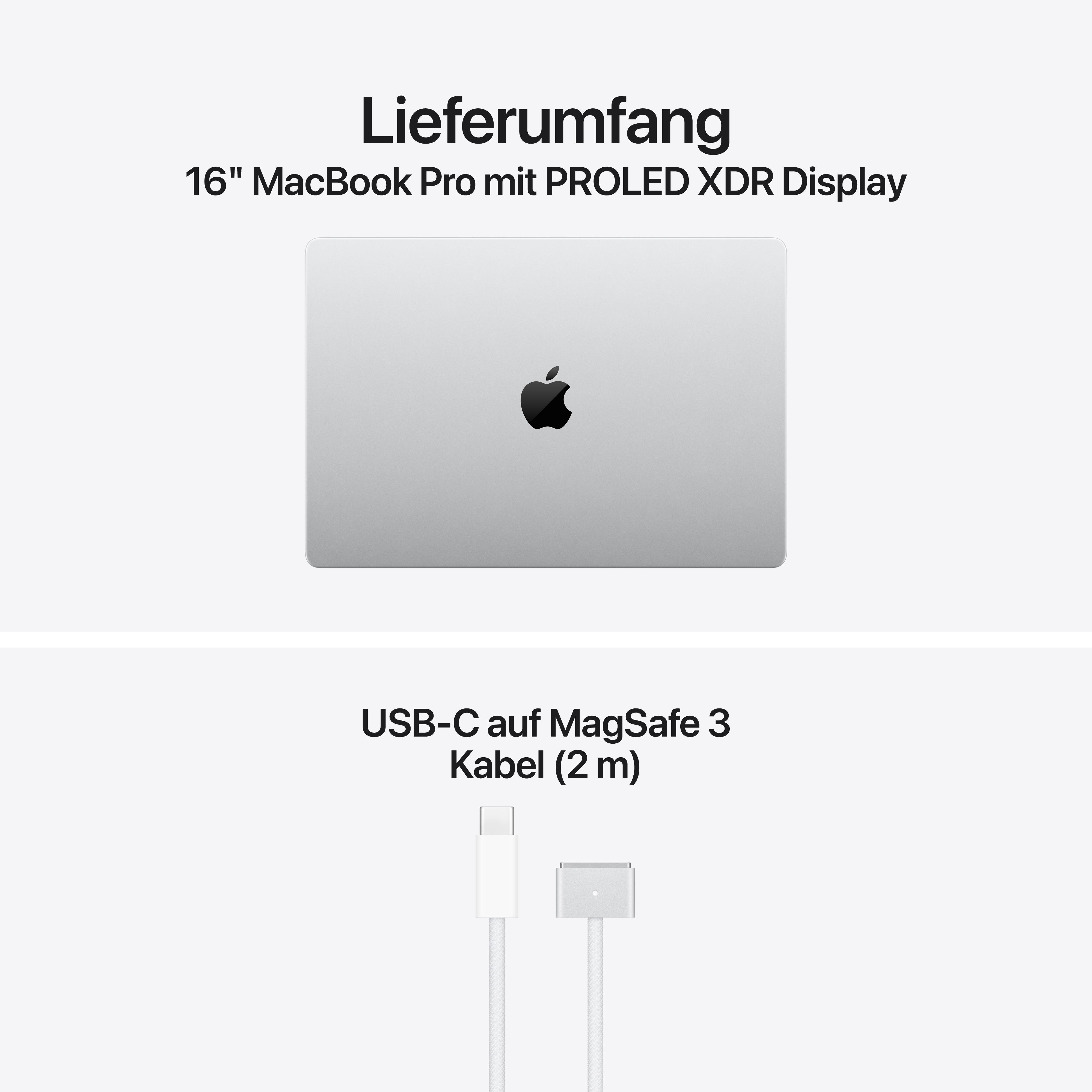 Lieferumfang: 16" MacBook Pro und ein USB-C auf MagSafe 3 Kabel (2 m) auf weißem Hintergrund.