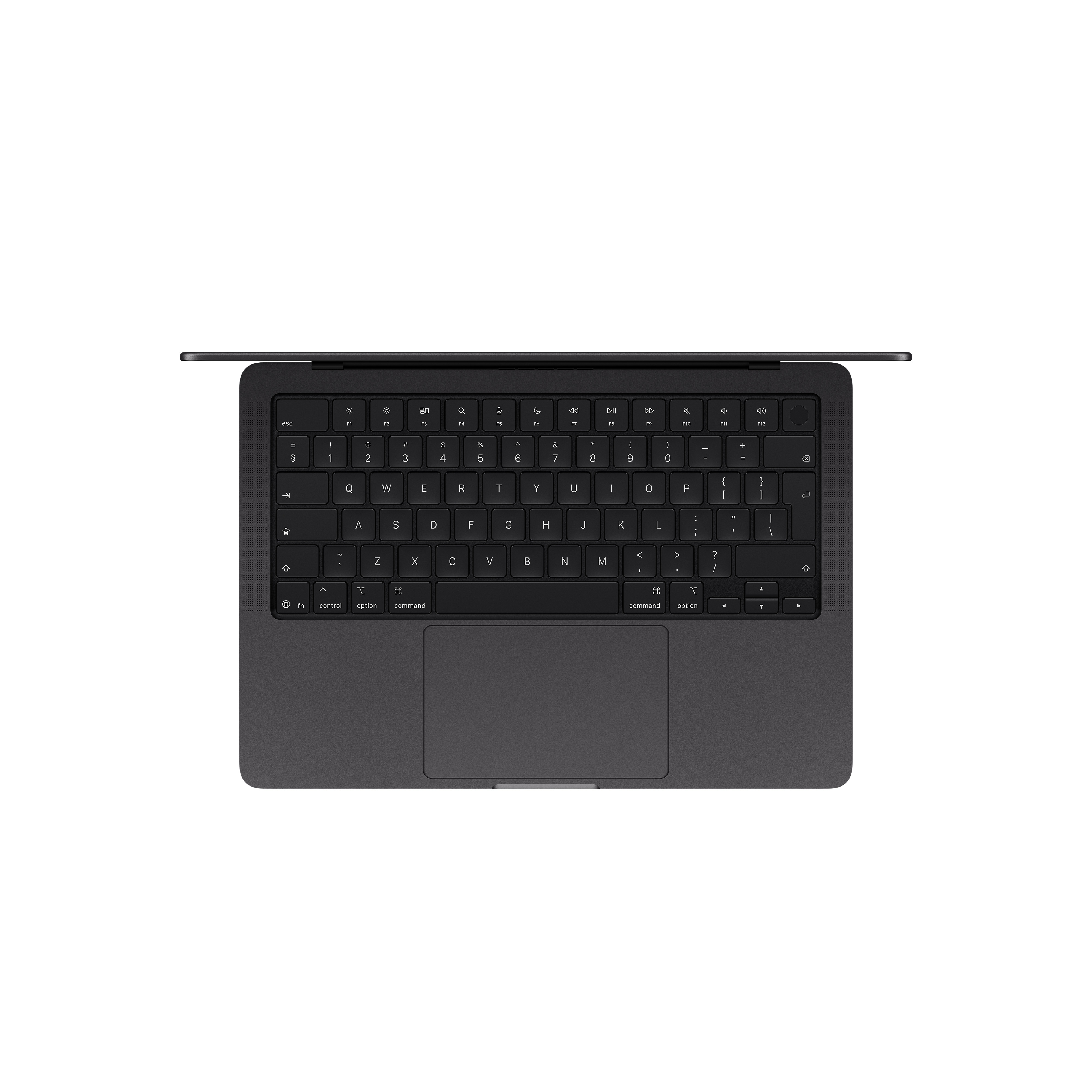 Draufsicht auf ein dunkelgraues Notebook mit schwarzer Tastatur und einem glatten Trackpad auf weißem Hintergrund.