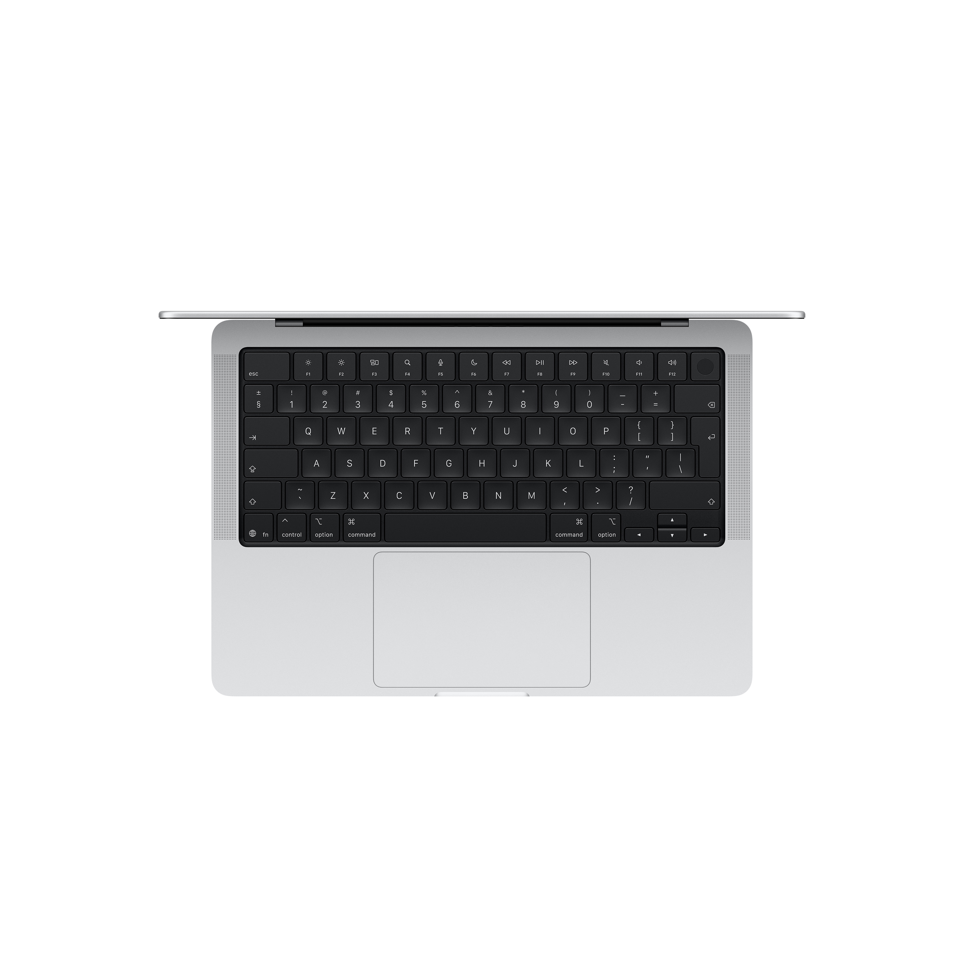 Top-Ansicht eines silbernen Laptops mit schwarzer Tastatur und großem Trackpad auf weißem Hintergrund.