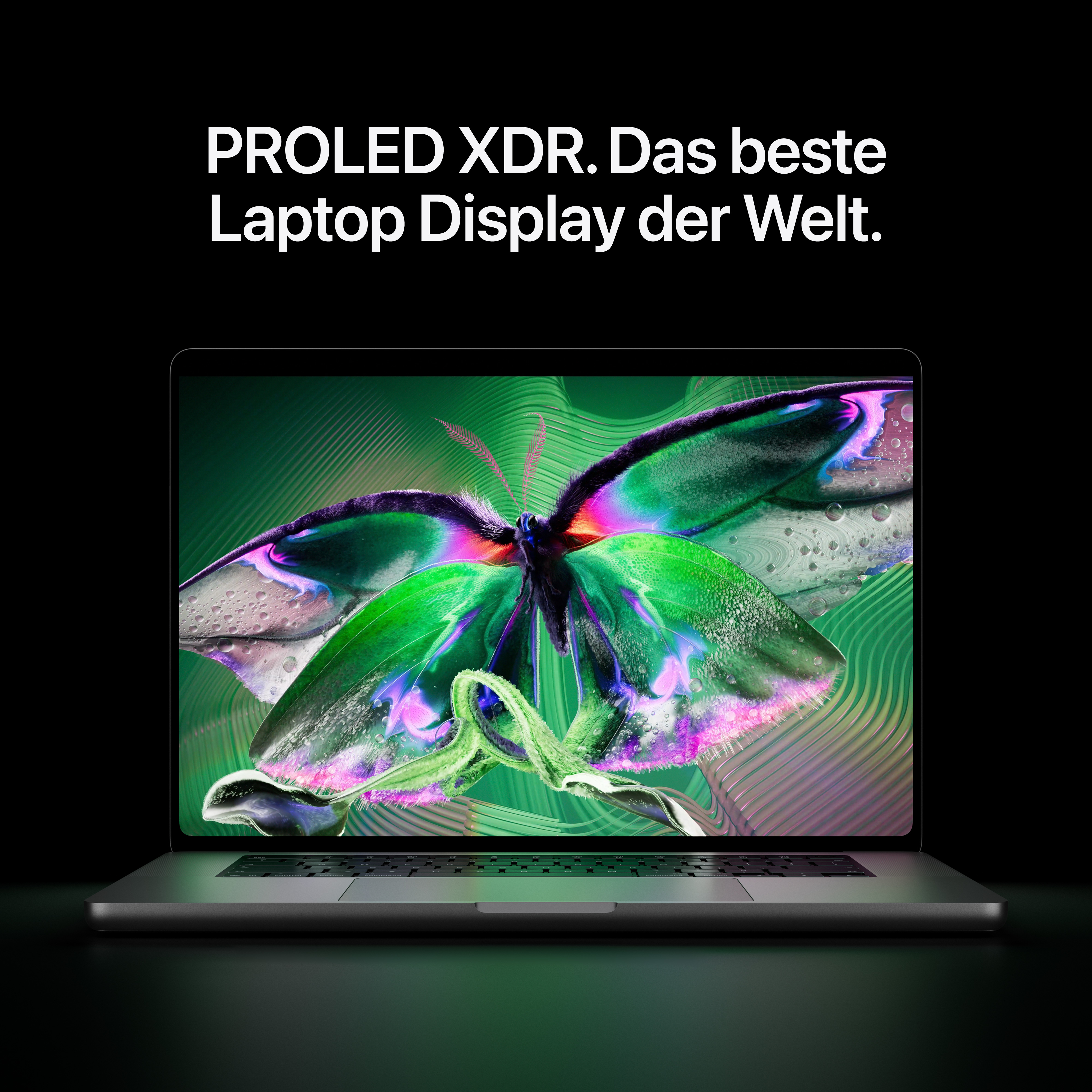 Ein offener Laptop mit einem farbenfrohen Schmetterling auf dem Bildschirm und deutschem Werbetext oben.