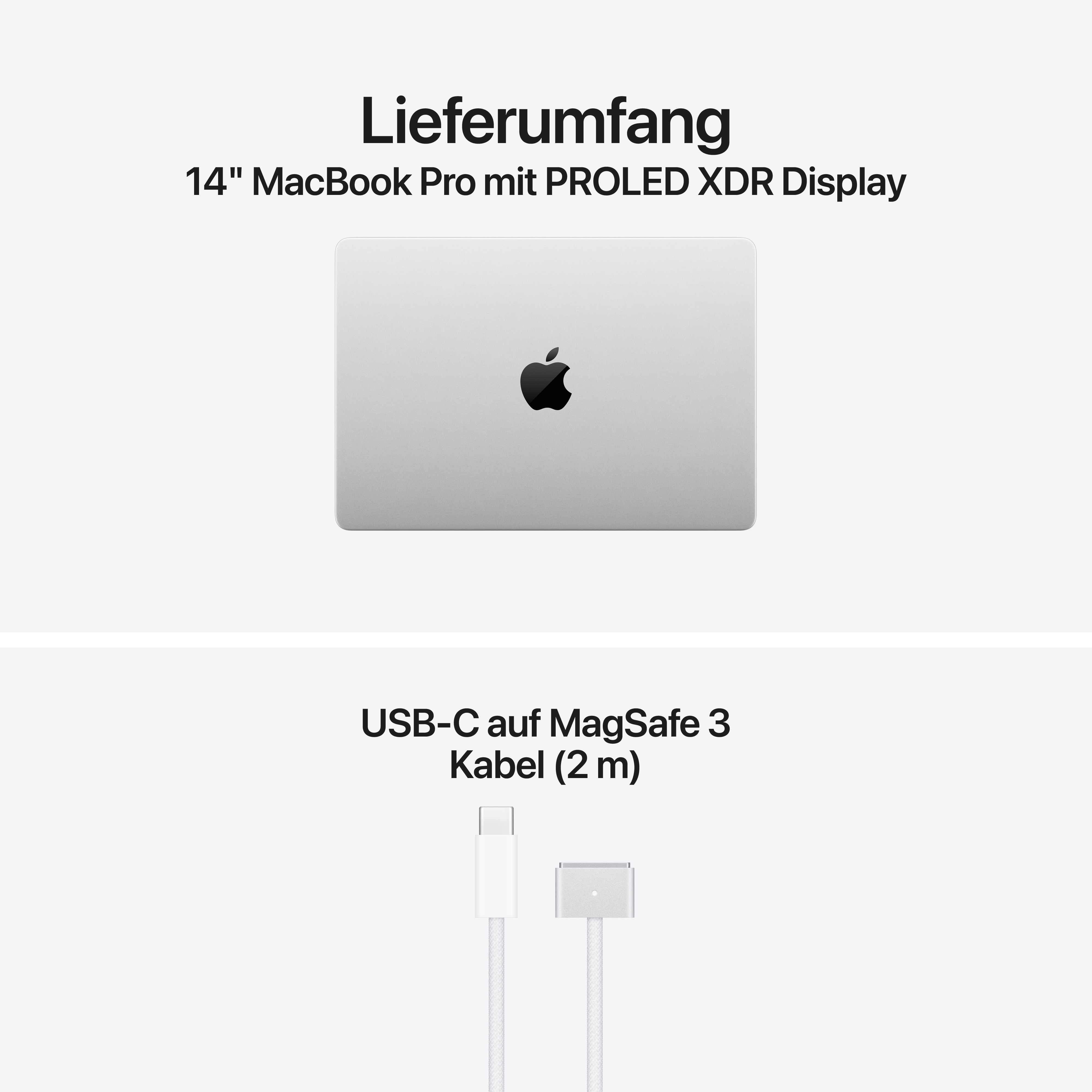 Lieferumfang: 14 Zoll MacBook Pro und ein 2m USB-C auf MagSafe 3 Kabel.