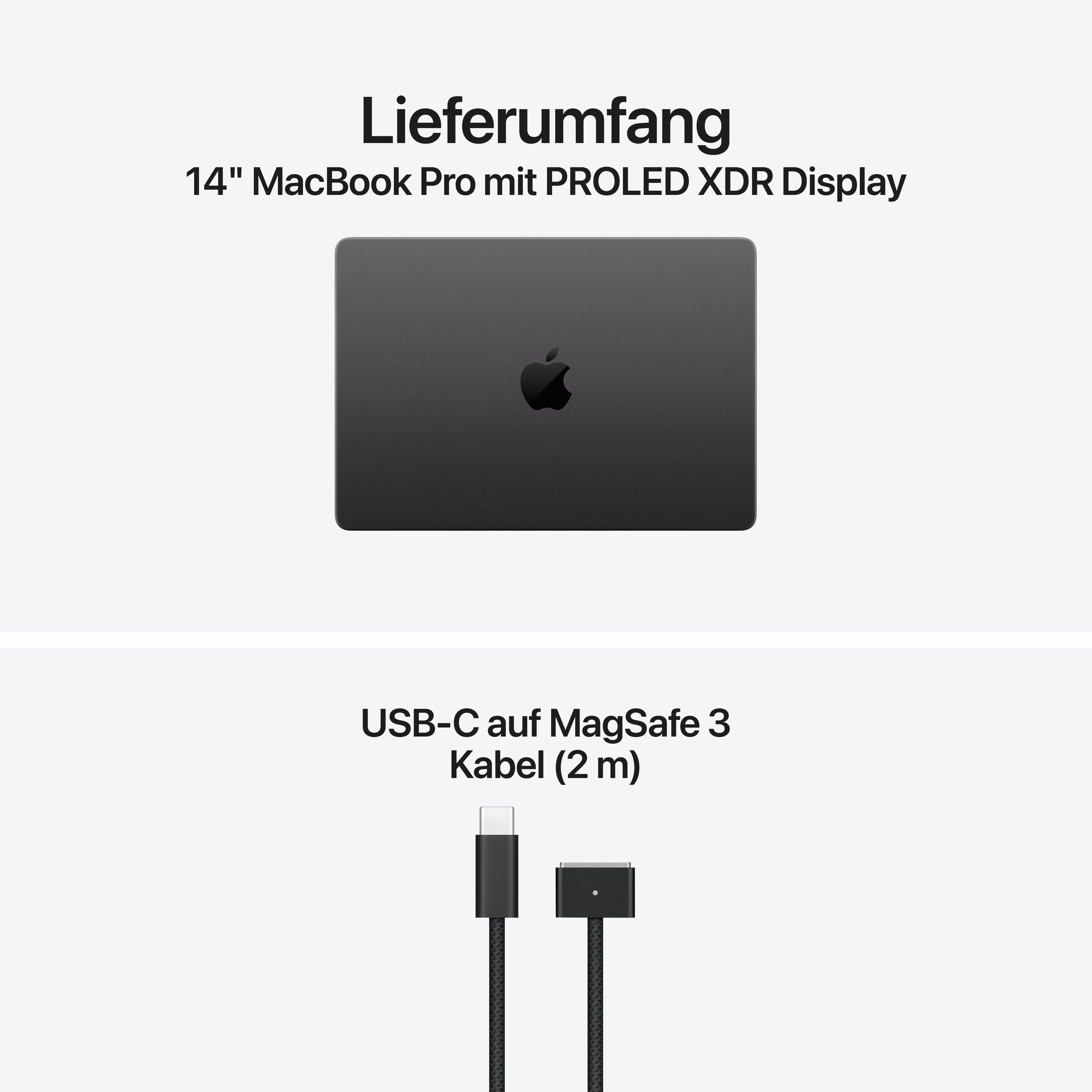 Lieferumfang eines 14" MacBook Pro und USB-C auf MagSafe 3 Kabel.