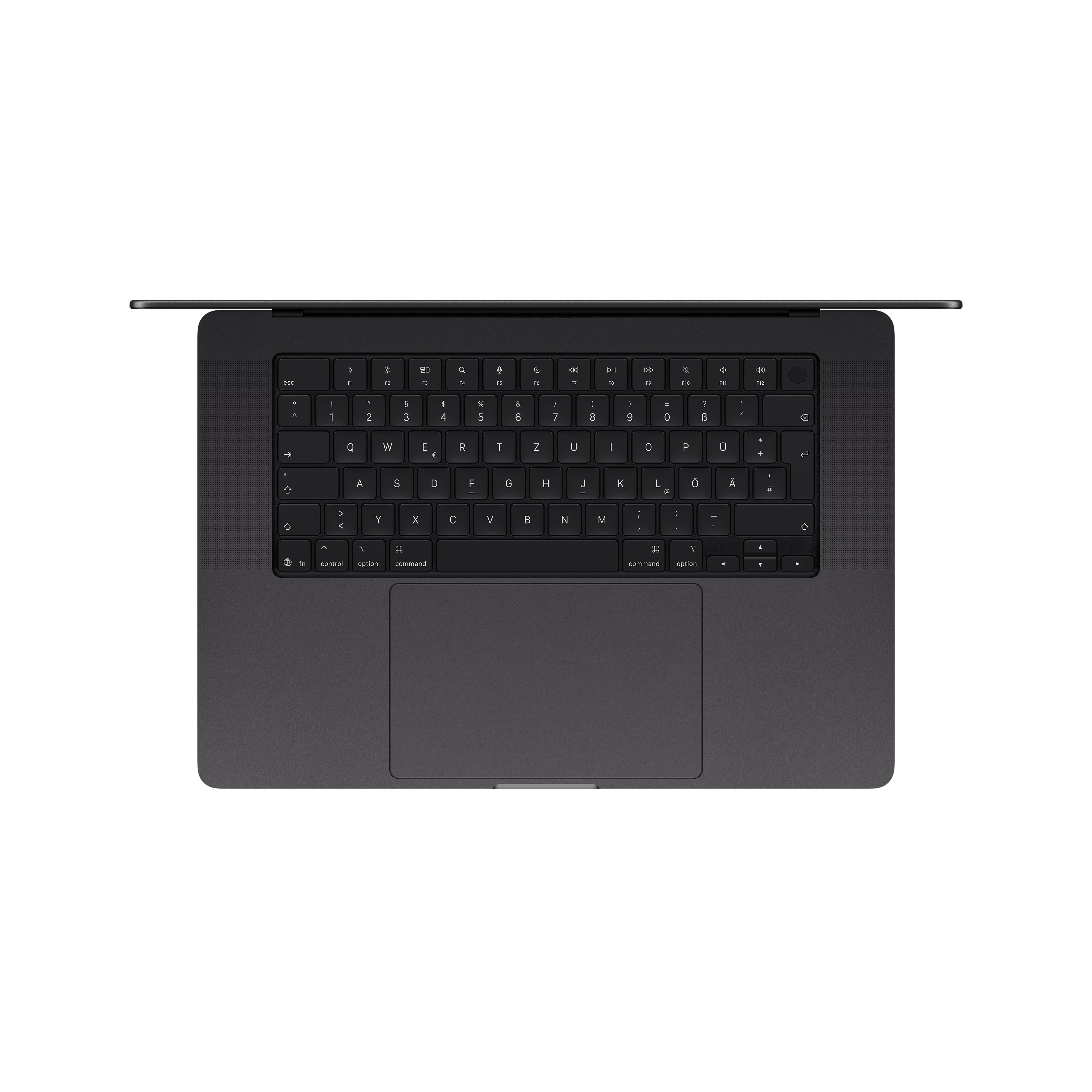 Draufsicht auf ein schwarzes MacBook mit deutscher Tastatur und Trackpad.