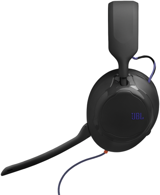 Fekete JBL gamer fejhallgató mikrofonnal és kék fonott kábellel fekete háttér előtt.