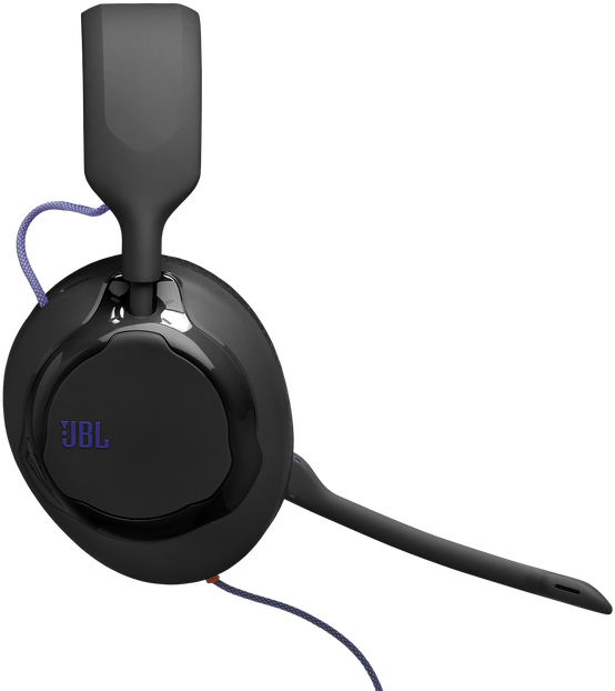 Fekete JBL gaming fejhallhato mikrofonnal es fonott kek kabellel fekete hatterben.