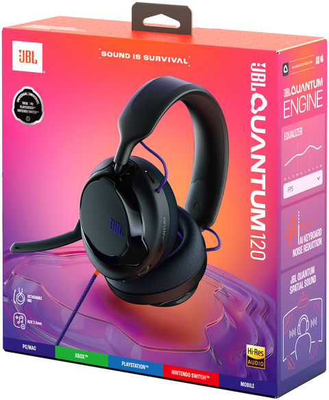 A fekete JBL Quantum 120 gamer headset csomagolása kék kábellel, rózsaszín és narancssárga háttér előtt.