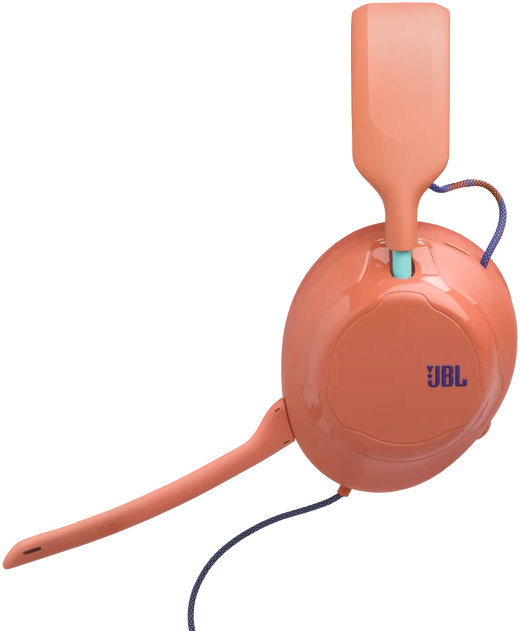 Fényes, baracks színű JBL gaming headset mikrofonnal fekete háttér előtt.