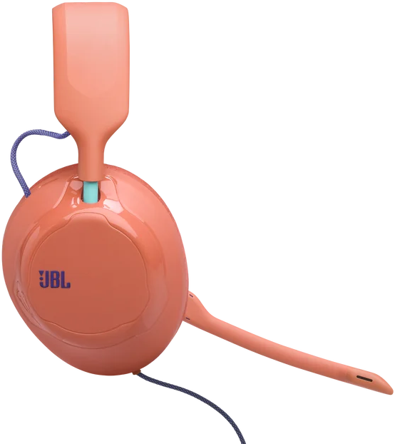 Egy rózsaszín JBL fejhallgató mikrofonnal és kék kábellel fekete háttér előtt.