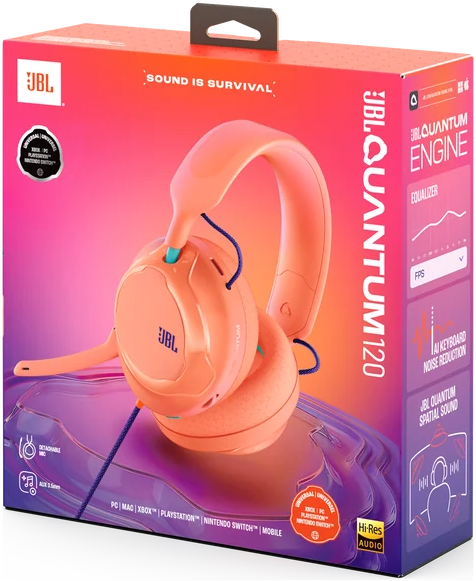 JBL Quantum 120 játékhoz való headset csomagolása élénk rózsaszín és narancssárga színben, fejhallgatóval.