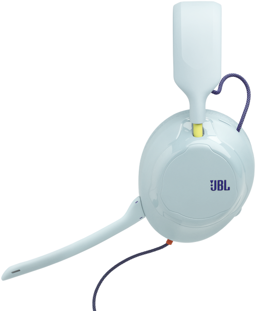 Világoskék JBL gamer headset mikrofonnal fekete háttér előtt.
