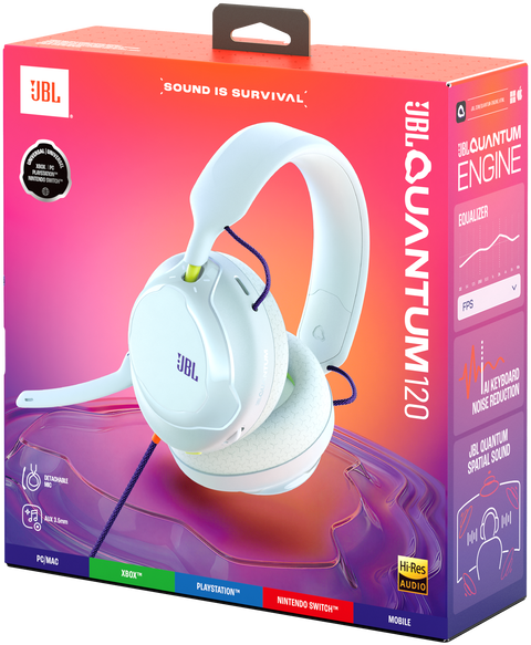 Rózsaszín és fehér JBL Quantum 120 játékfejhallgató csomagolása mikrofonnal.