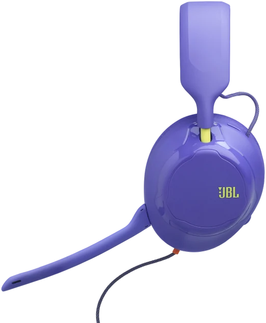 Lila JBL fejhallgató mikrofonnal fekete háttérrel.