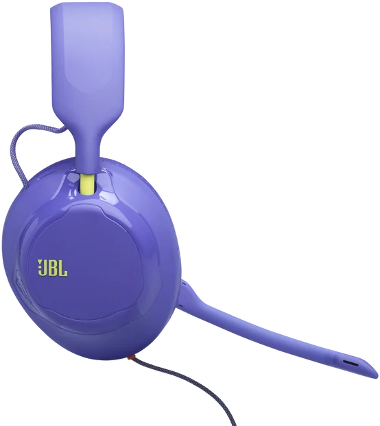 Lila JBL fejhallgató mikrofonkarral és kábellel fekete háttér előtt.