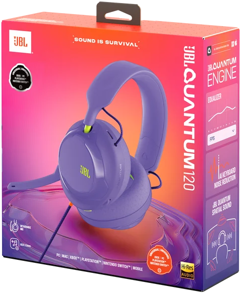 Lila JBL Quantum 120 gamer fejhallgató piros csomagolásban.