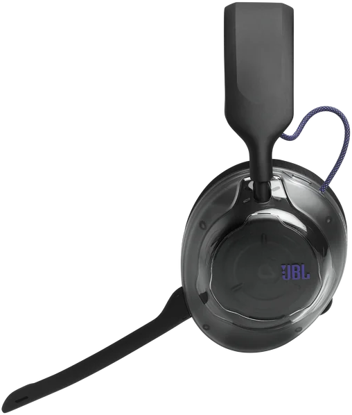 Fekete JBL gamer headset átlátszó fülhallgatóval és mikrofonkarral fekete háttér előtt.