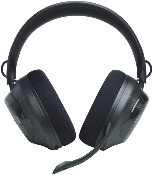 Fekete over-ear gamer fejhallgató mikrofonnal, fekete háttérrel.
