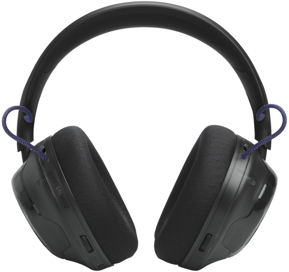 Fekete over-ear gamer fejhallgató lila fonott kábelekkel, fekete háttér előtt.