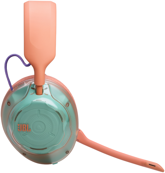 Barack és mentazöld JBL gamer headset mikrofonnal fekete háttér előtt.