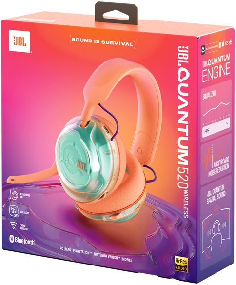 JBL Quantum 520 vezeték nélküli fejhallgató csomagolása barack és menta színben.