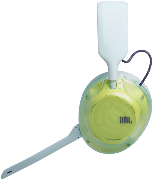 Fehér és lime zöld JBL vezeték nélküli gamer headset levehető mikrofonnal, fekete háttérrel.