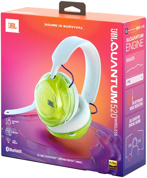 A fehér és zöld színű JBL Quantum 520 vezeték nélküli gamer headset csomagolása.
