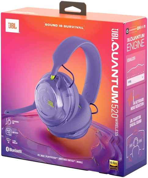 Lila JBL Quantum 520 vezeték nélküli fejhallgató narancs-rózsaszín dobozban.