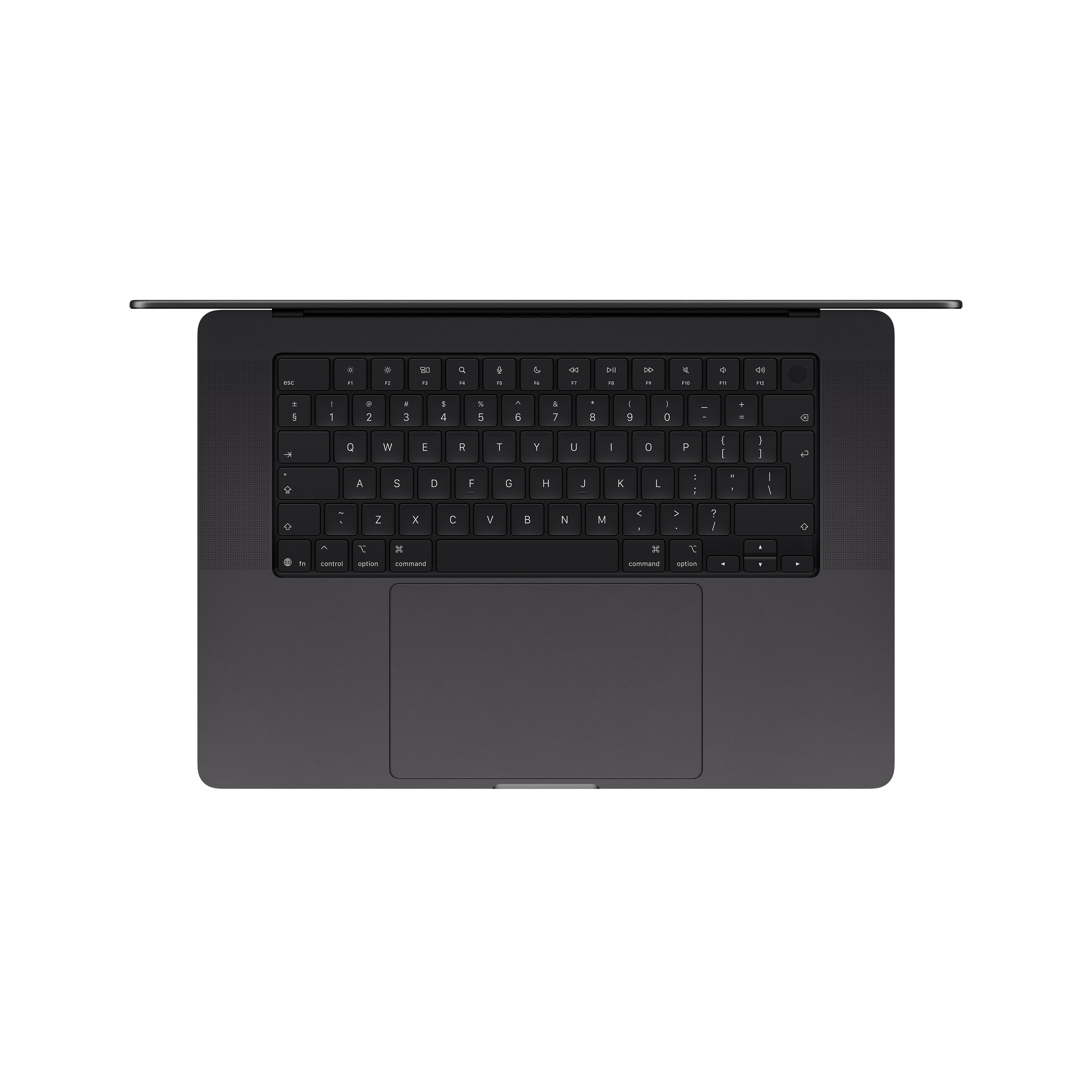 Draufsicht einer dunklen Laptoptastatur mit einem Touchpad auf einer grauen Oberfläche.