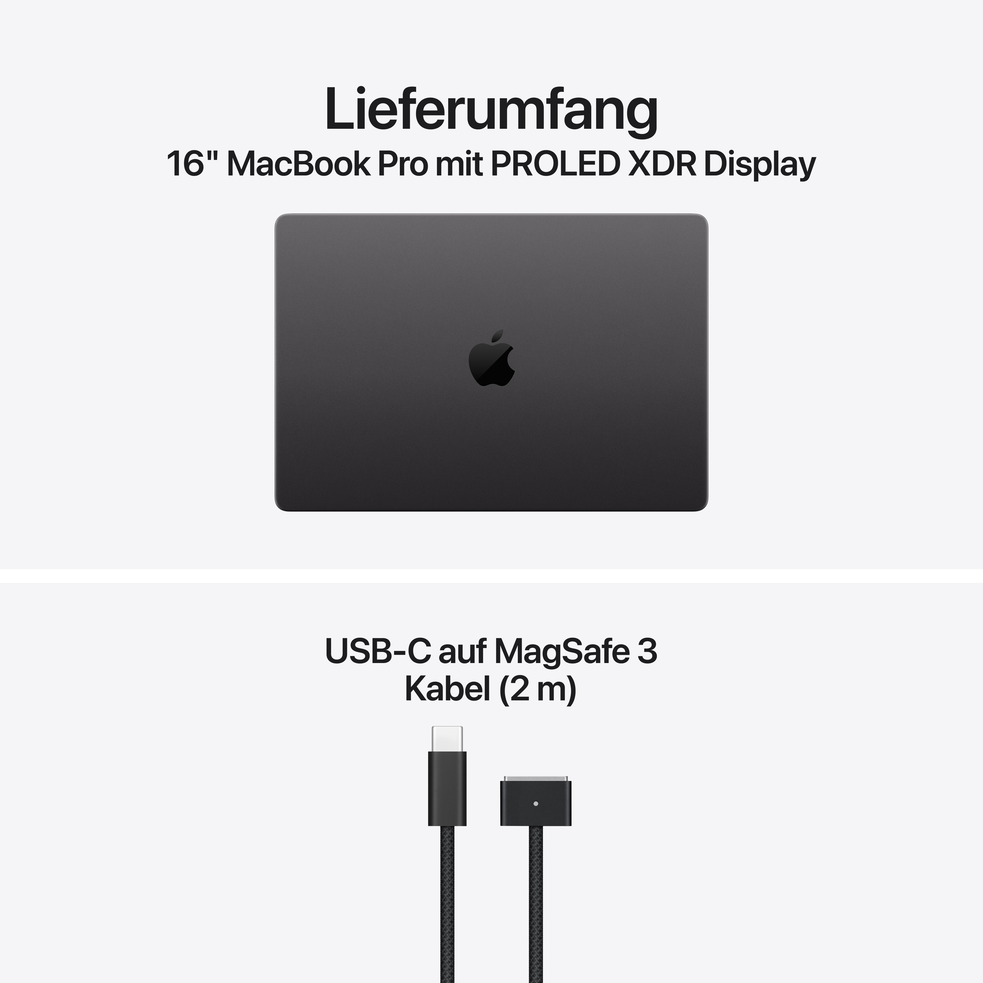 Lieferumfang: 16 Zoll MacBook Pro und ein USB-C auf MagSafe 3 Kabel.