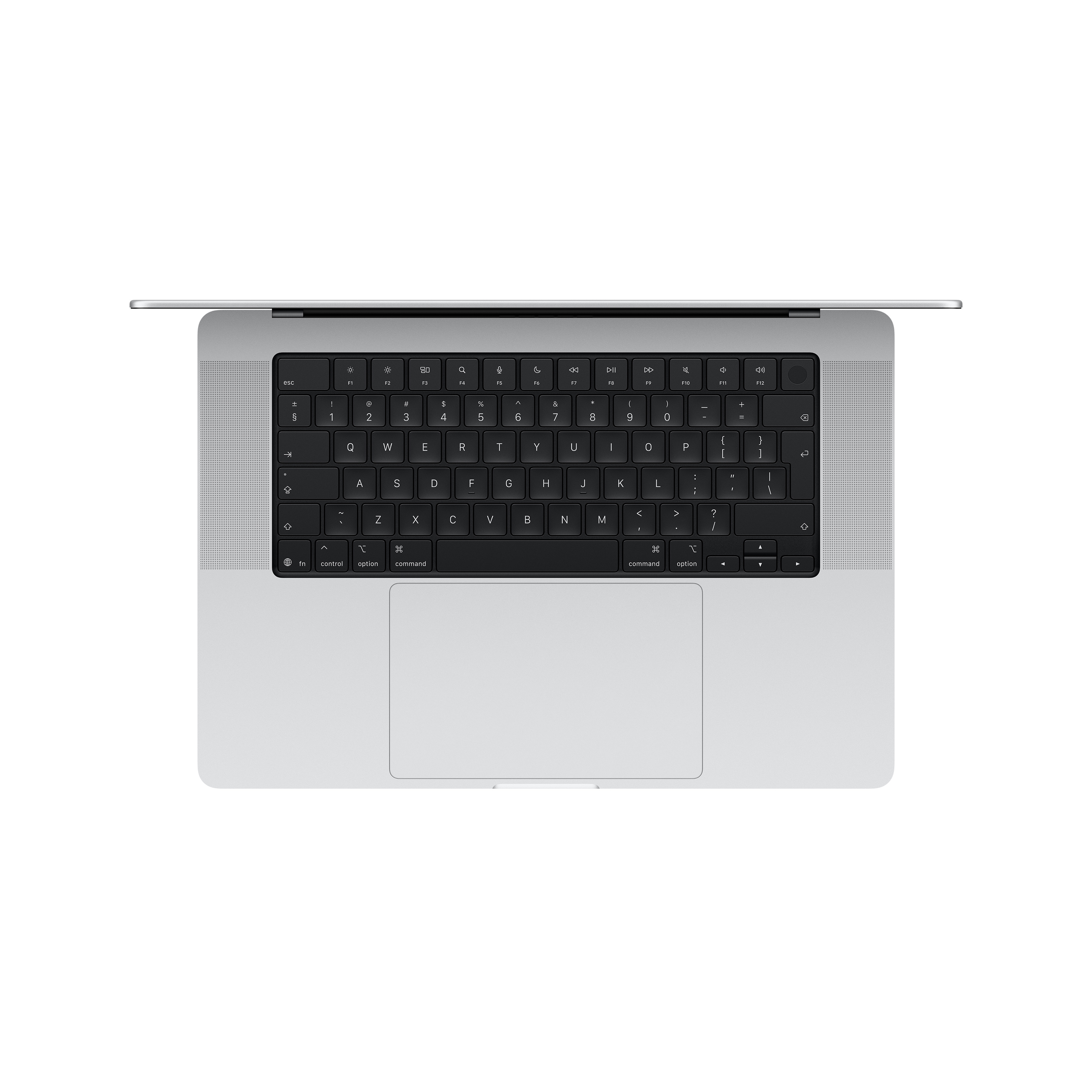 Oberansicht eines silbernen Laptops mit schwarzer Tastatur und großem Trackpad.
