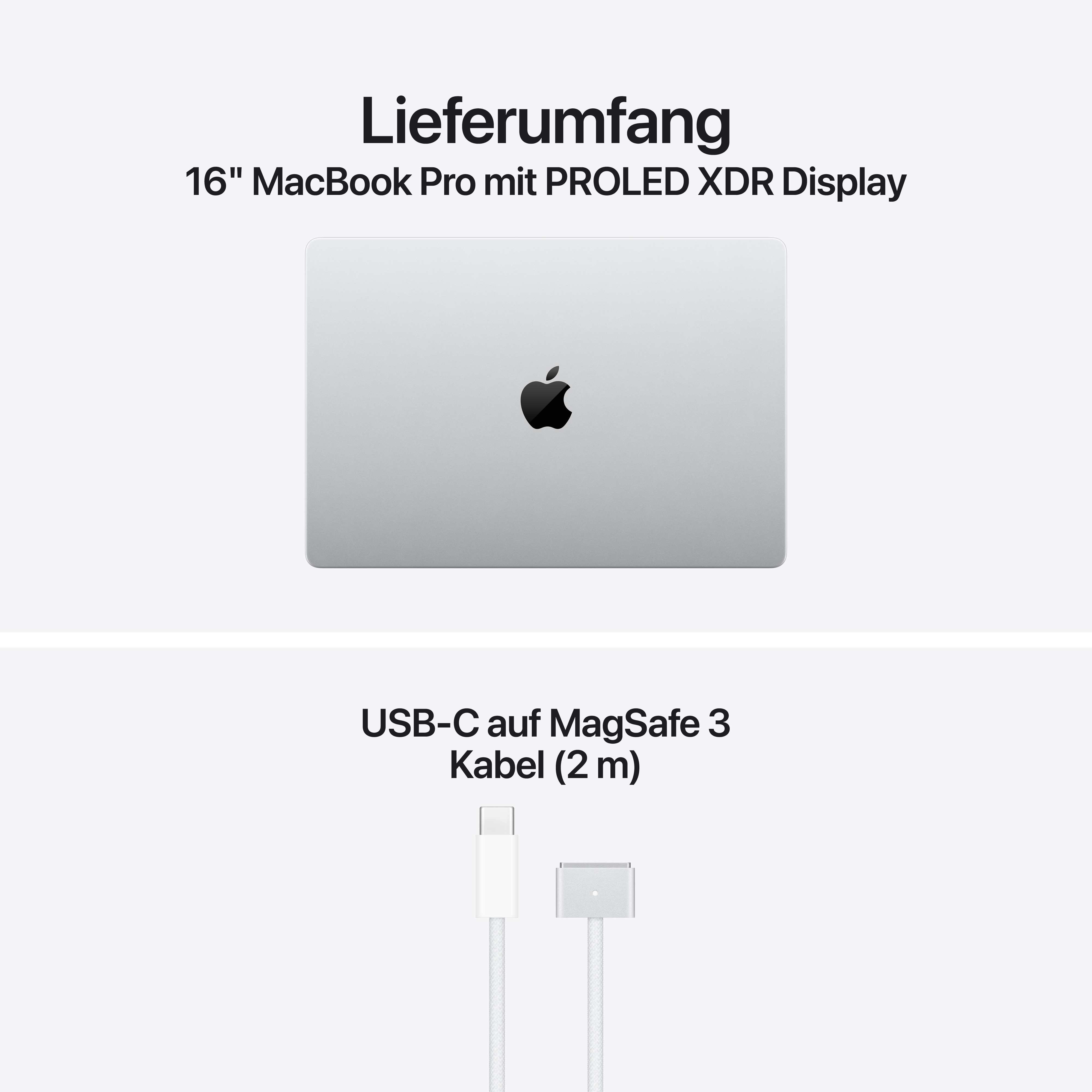 Lieferumfang: 16 Zoll MacBook Pro und ein 2m USB-C auf MagSafe 3 Kabel.