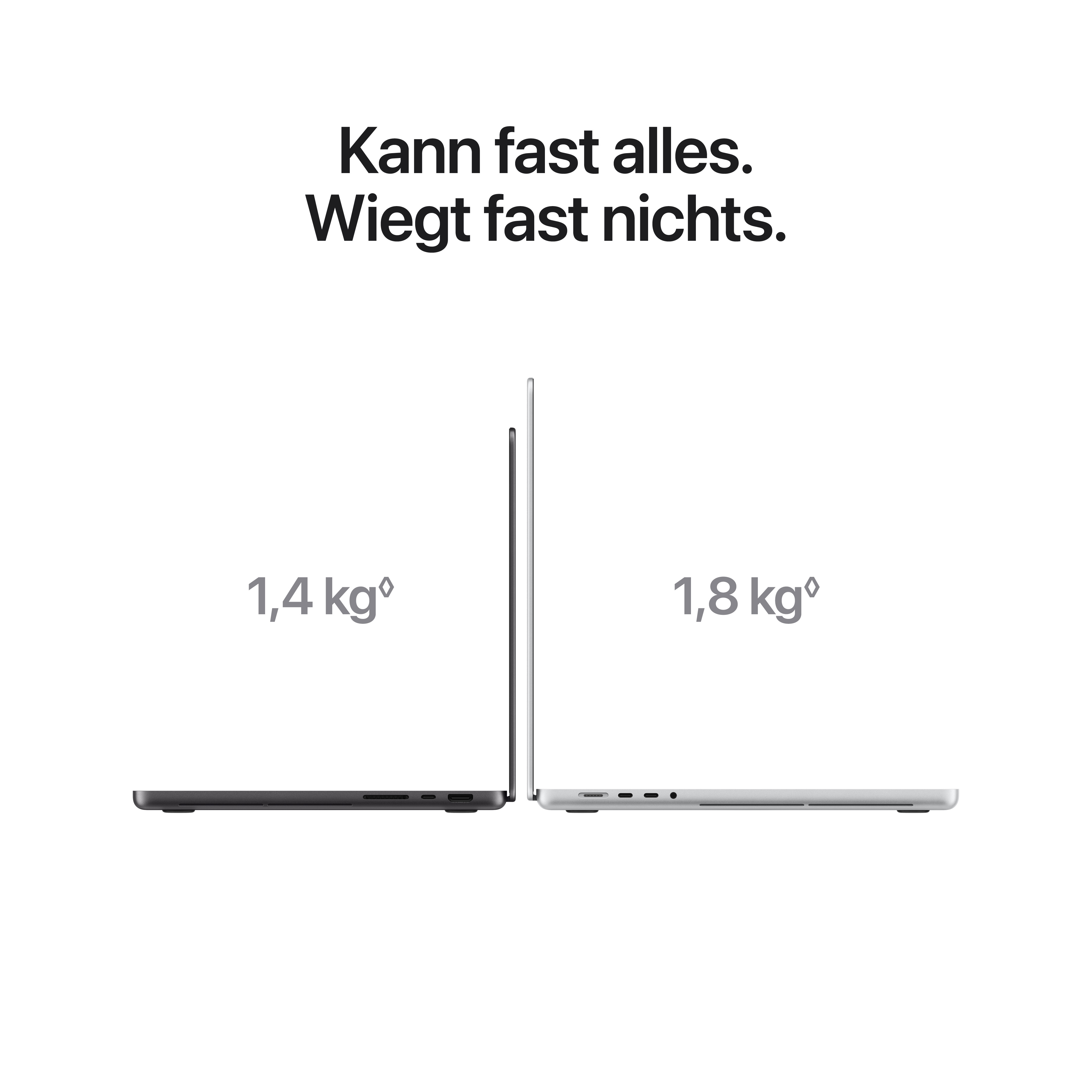Zwei Laptops mit Gewichtsangaben 1,4 kg und 1,8 kg und deutschem Werbetext auf hellem Grund.