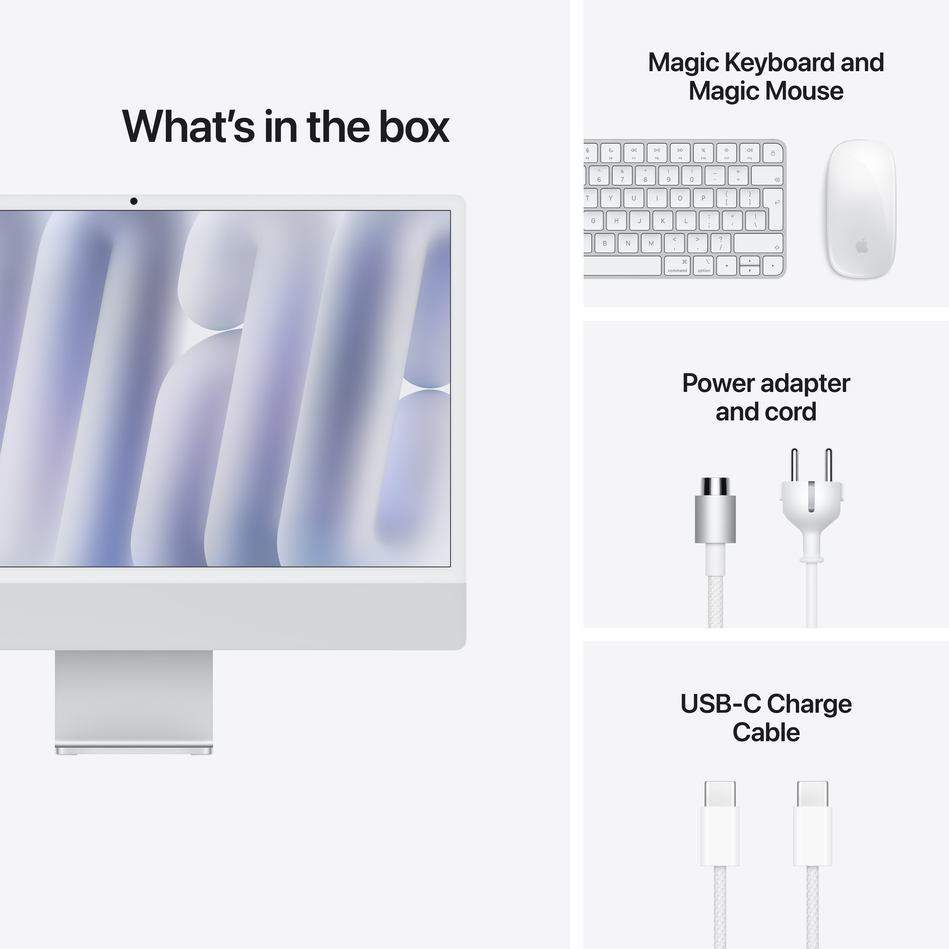 Számítógép dobozának tartalma monitormmal, billentyűzettel, egérrel, hálózati adapterrel és USB-C kábellel.